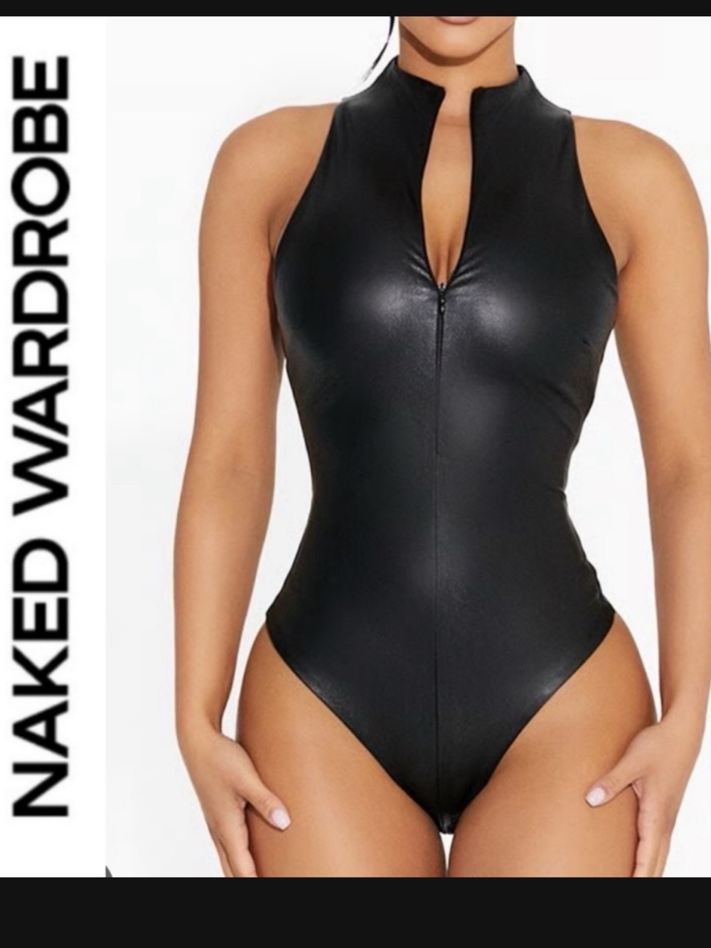 Naked Wardrobe 🖤 faux’d up Black butter leather zip front bodysuit ~ Small